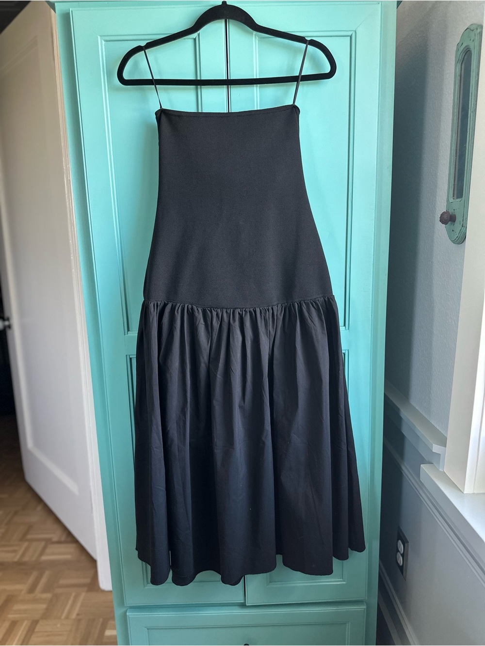 Express Strapless Black Midi Dress with Gathered Skirt